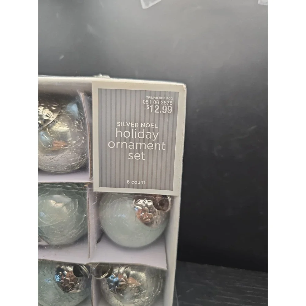 2008 Target Silver Noel Holiday Ornament Set Crackle Glass